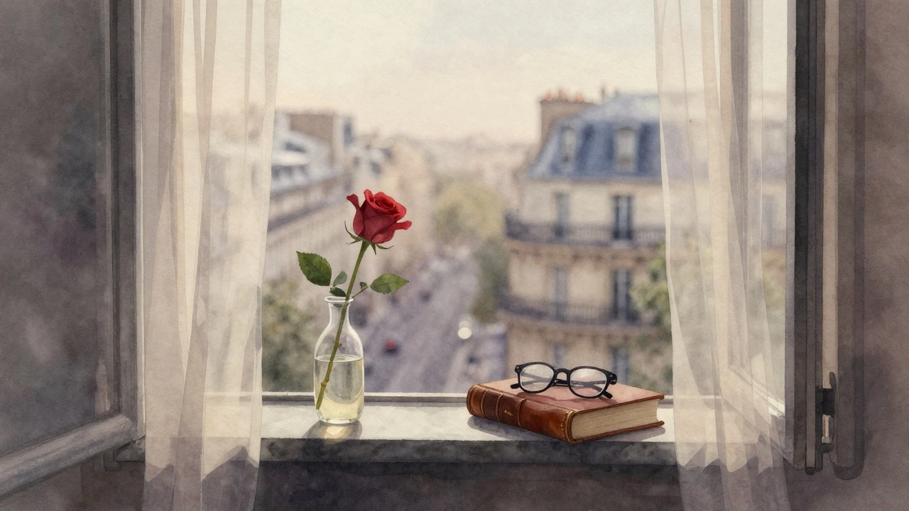An empty Paris balcony at dawn with a rose and book, hinting at a quiet human moment.