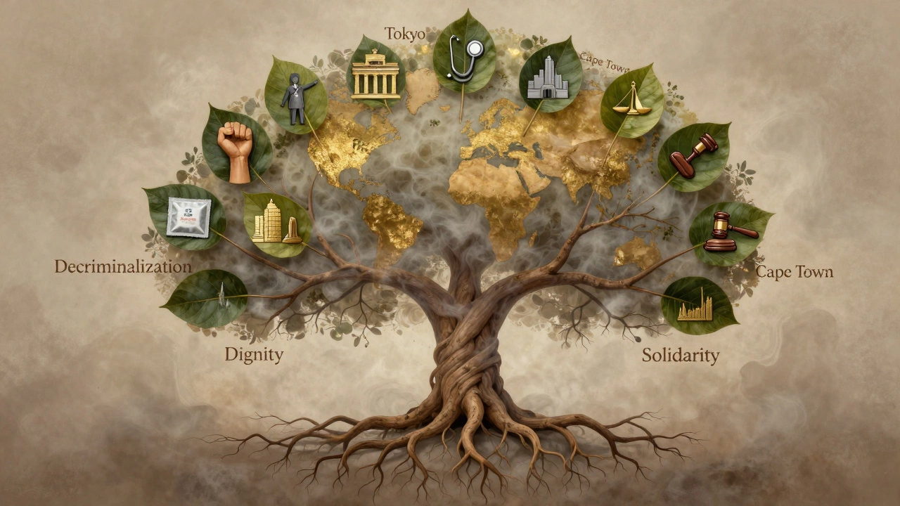 Symbolic tree with global branches representing Margo St. James&#039; lasting impact on sex workers&#039; rights.